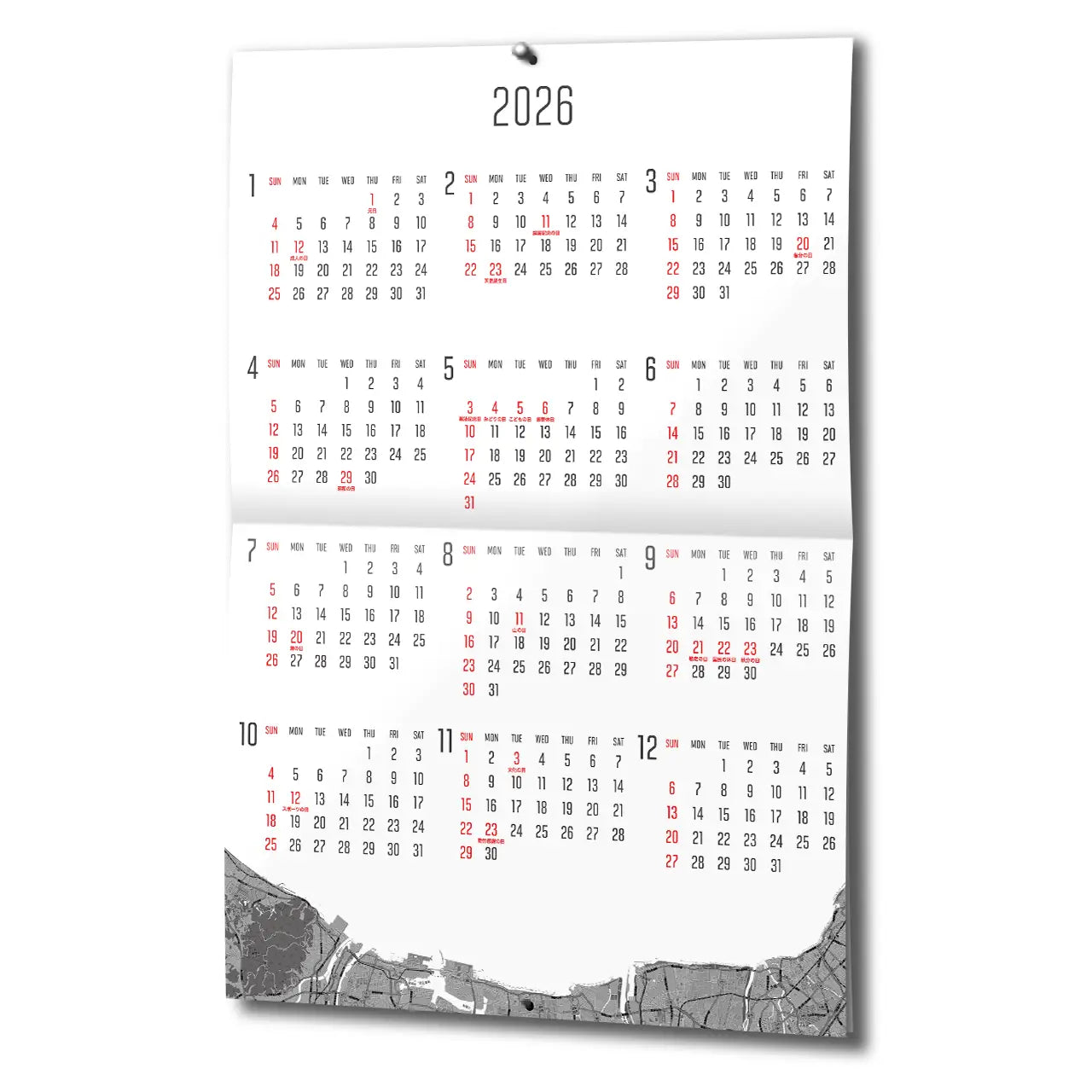 マップワールドカレンダー 2026 壁掛け用A3サイズ12ヶ月