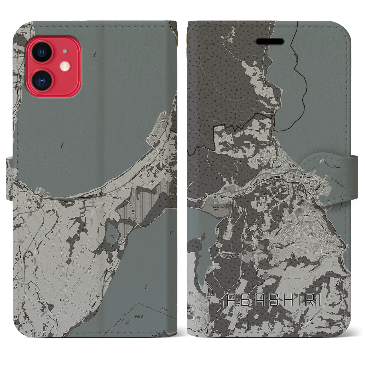 【網走(北海道)】地図柄iPhoneケース(手帳タイプ)モノトーン・iPhone 11 用
