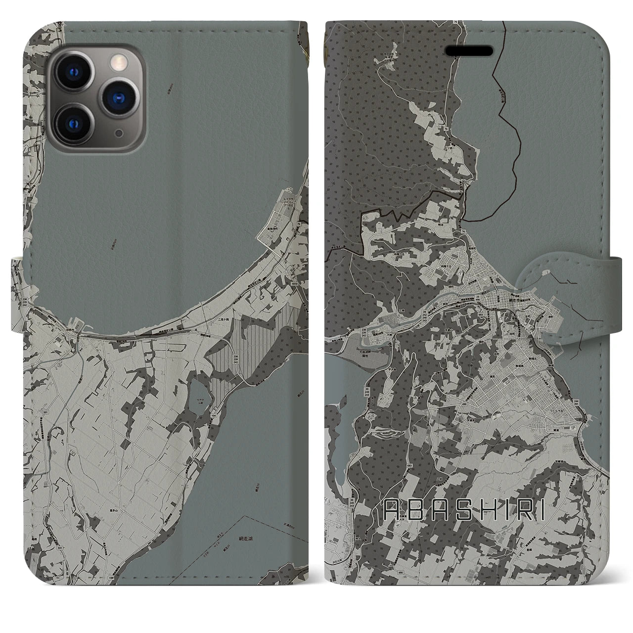【網走(北海道)】地図柄iPhoneケース(手帳タイプ)モノトーン・iPhone 11 Pro Max 用
