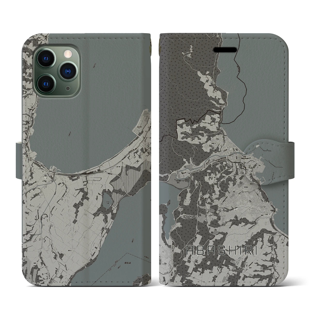 【網走(北海道)】地図柄iPhoneケース(手帳タイプ)モノトーン・iPhone 11 Pro 用