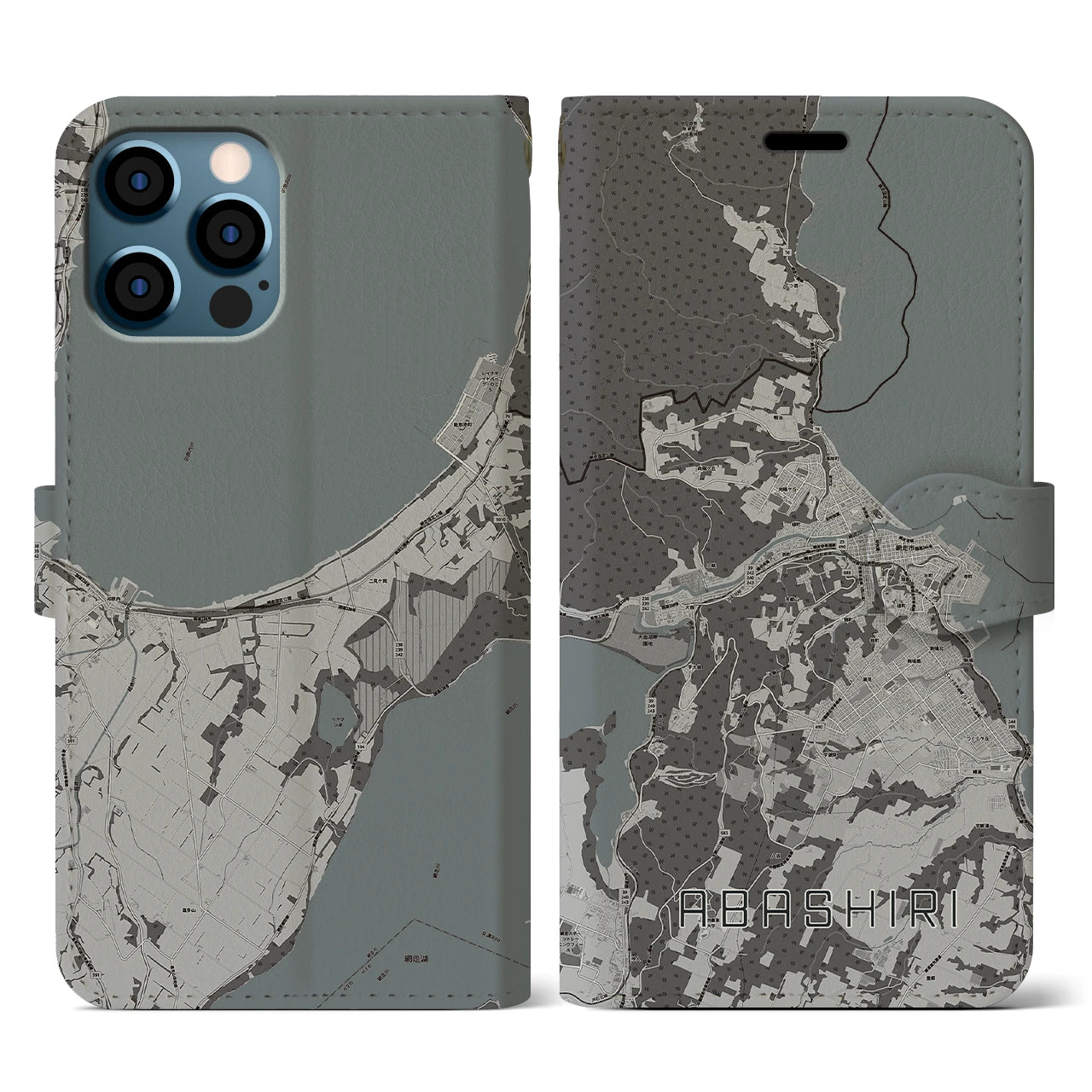 【網走(北海道)】地図柄iPhoneケース(手帳タイプ)モノトーン・iPhone 12 / 12 Pro 用