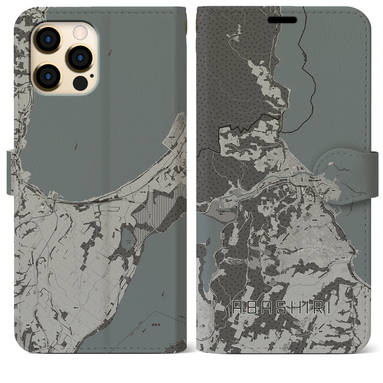 【網走(北海道)】地図柄iPhoneケース(手帳タイプ)モノトーン・iPhone 12 Pro Max 用