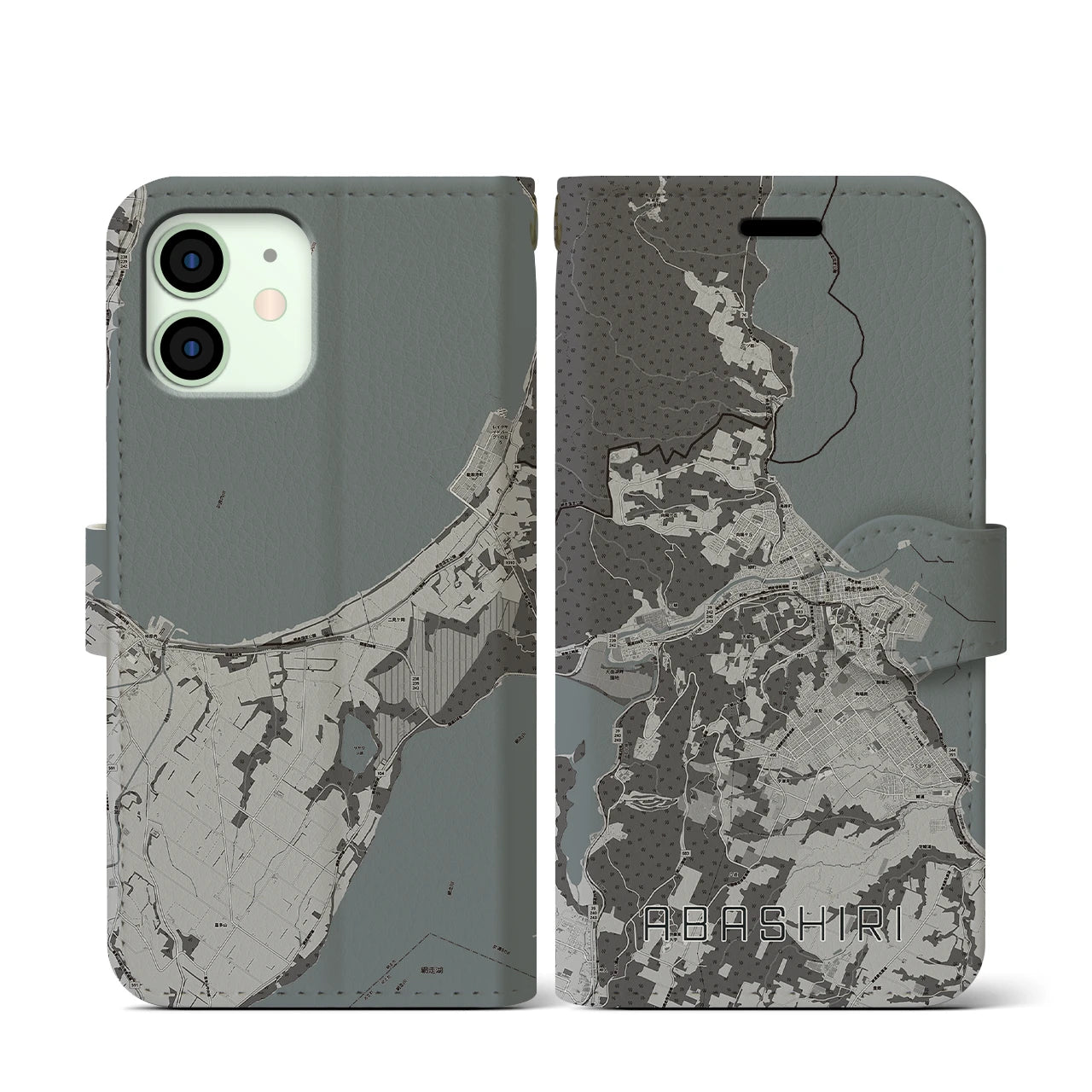 【網走(北海道)】地図柄iPhoneケース(手帳タイプ)モノトーン・iPhone 12 mini 用