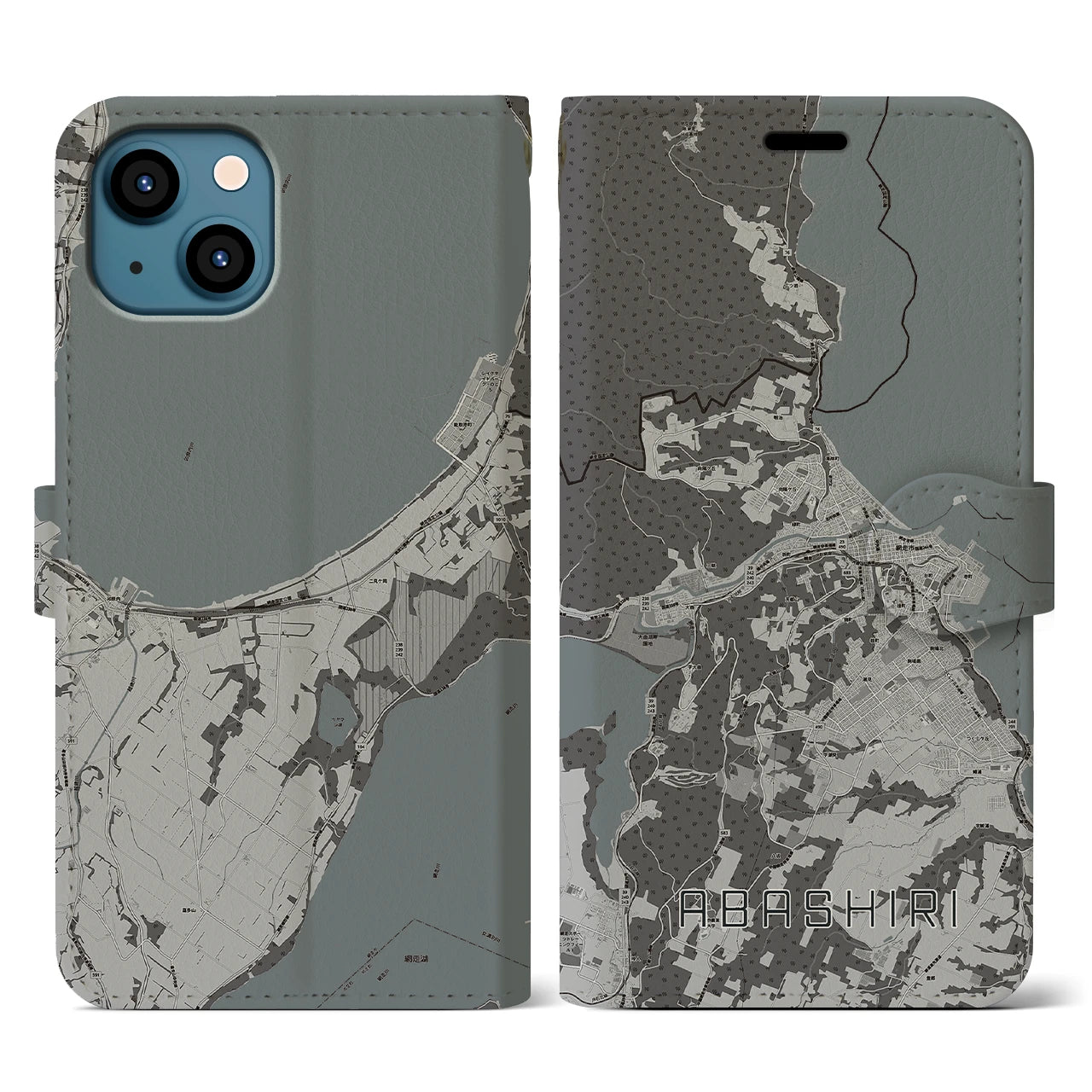 【網走(北海道)】地図柄iPhoneケース(手帳タイプ)モノトーン・iPhone 13 用