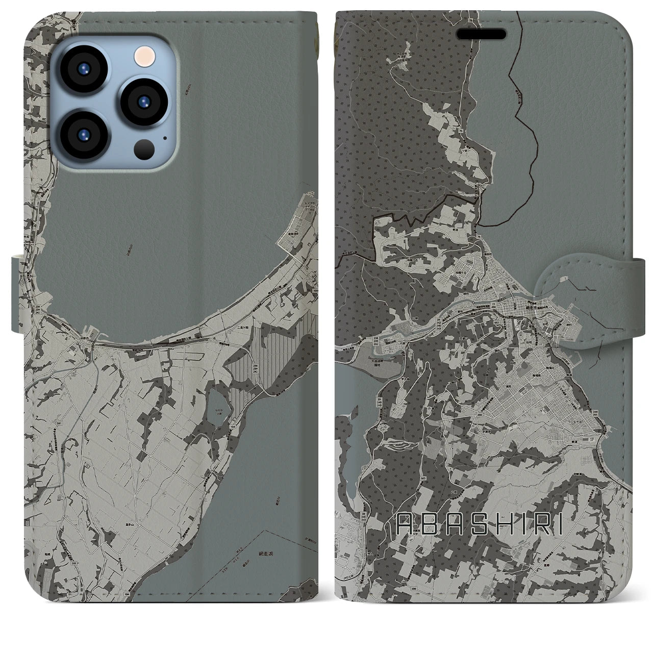 【網走(北海道)】地図柄iPhoneケース(手帳タイプ)モノトーン・iPhone 13 Pro Max 用