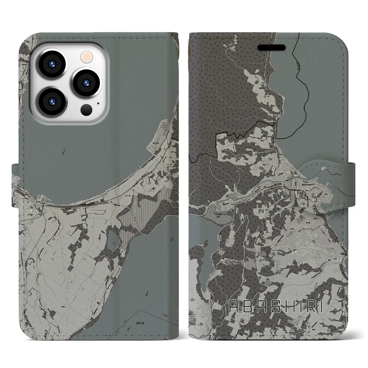 【網走(北海道)】地図柄iPhoneケース(手帳タイプ)モノトーン・iPhone 13 Pro 用