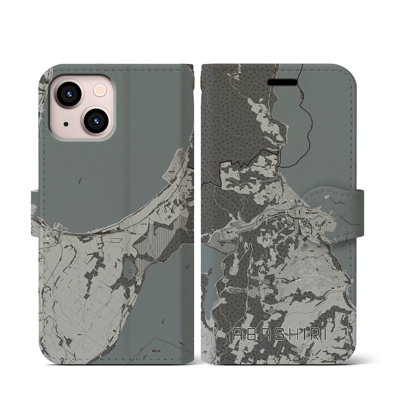 【網走(北海道)】地図柄iPhoneケース(手帳タイプ)モノトーン・iPhone 13 mini 用