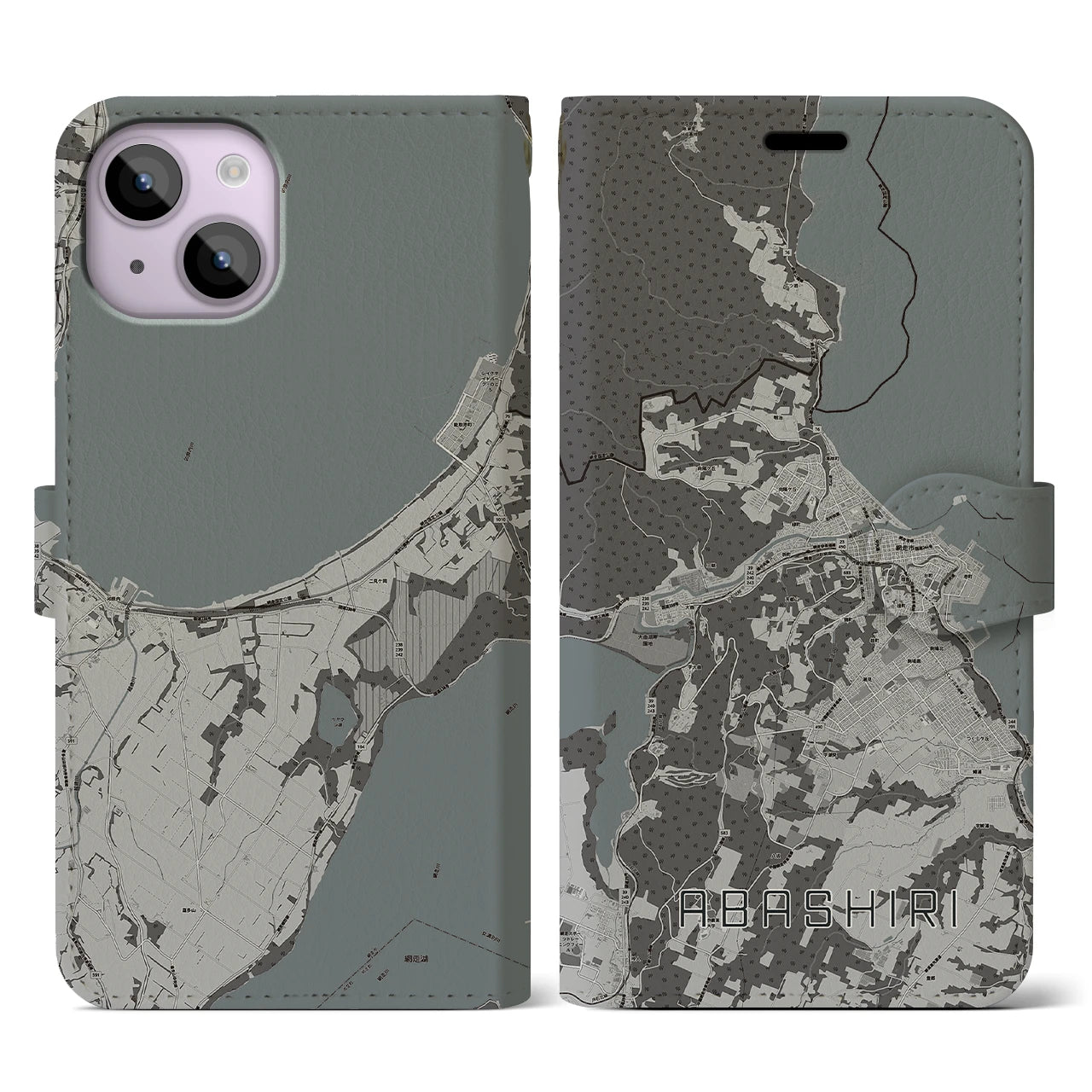 【網走(北海道)】地図柄iPhoneケース(手帳タイプ)モノトーン・iPhone 14 用