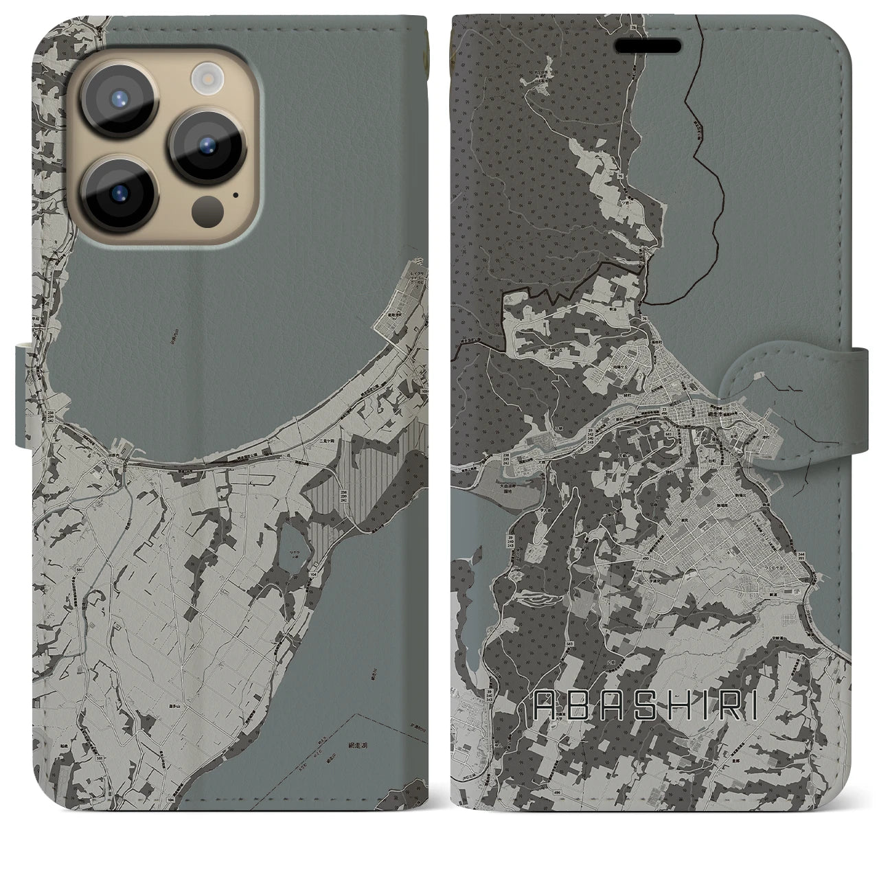 【網走(北海道)】地図柄iPhoneケース(手帳タイプ)モノトーン・iPhone 14 Pro Max 用
