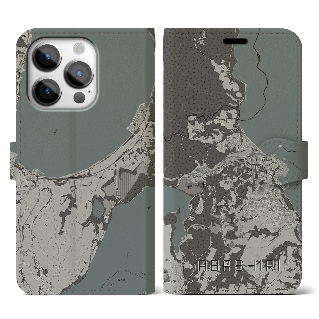 【網走(北海道)】地図柄iPhoneケース(手帳タイプ)モノトーン・iPhone 14 Pro 用
