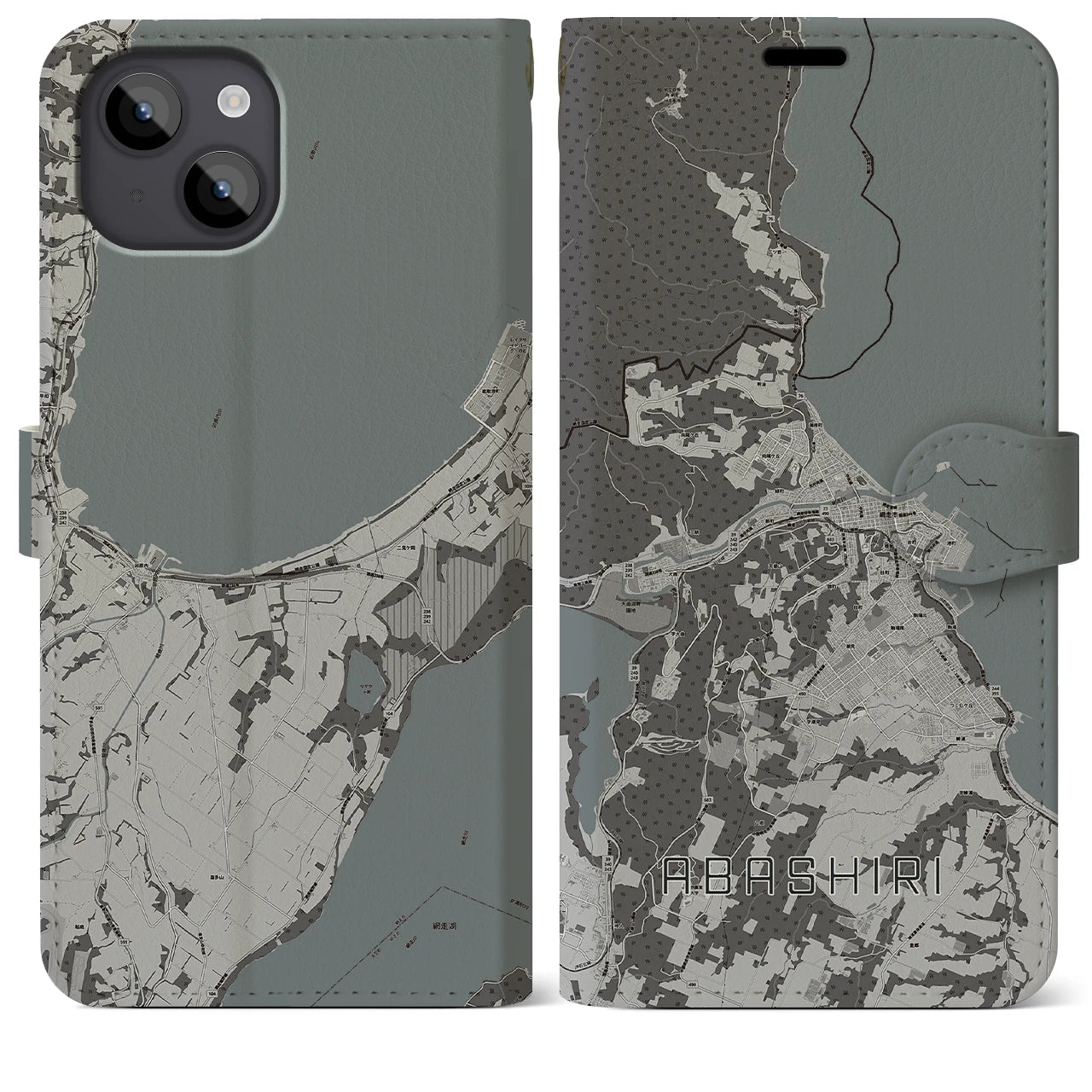 【網走(北海道)】地図柄iPhoneケース(手帳タイプ)モノトーン・iPhone 14 Plus 用