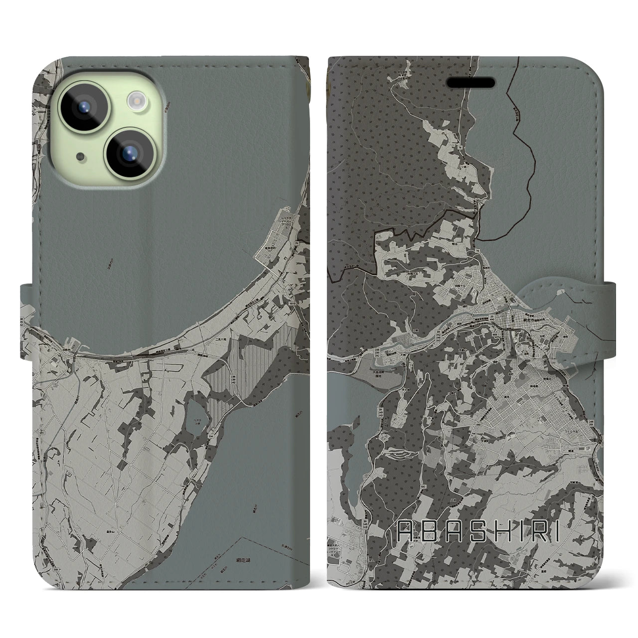【網走(北海道)】地図柄iPhoneケース(手帳タイプ)モノトーン・iPhone 15 用