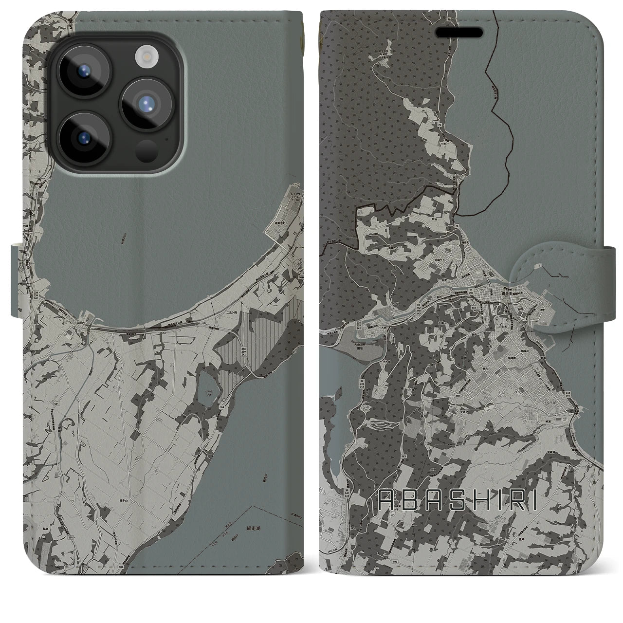 【網走(北海道)】地図柄iPhoneケース(手帳タイプ)モノトーン・iPhone 15 Pro Max 用