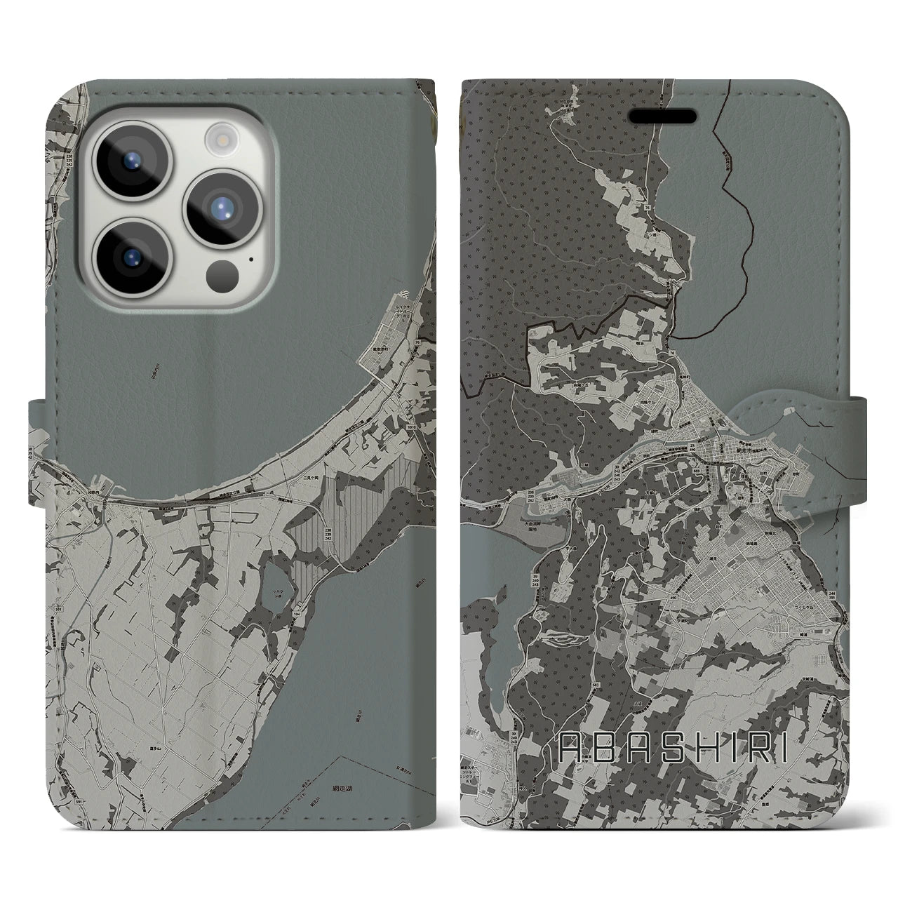 【網走(北海道)】地図柄iPhoneケース(手帳タイプ)モノトーン・iPhone 15 Pro 用