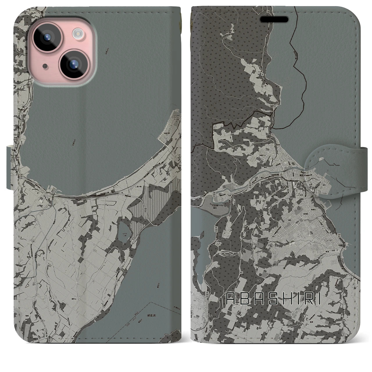 【網走(北海道)】地図柄iPhoneケース(手帳タイプ)モノトーン・iPhone 15 Plus 用