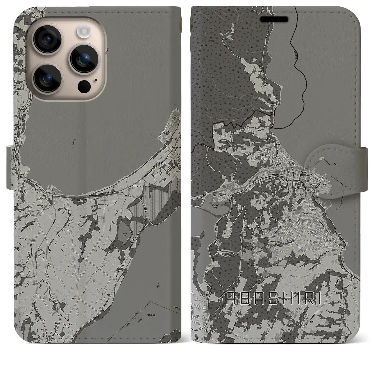 【網走(北海道)】地図柄iPhoneケース(手帳タイプ)モノトーン・iPhone 16 Plus 用