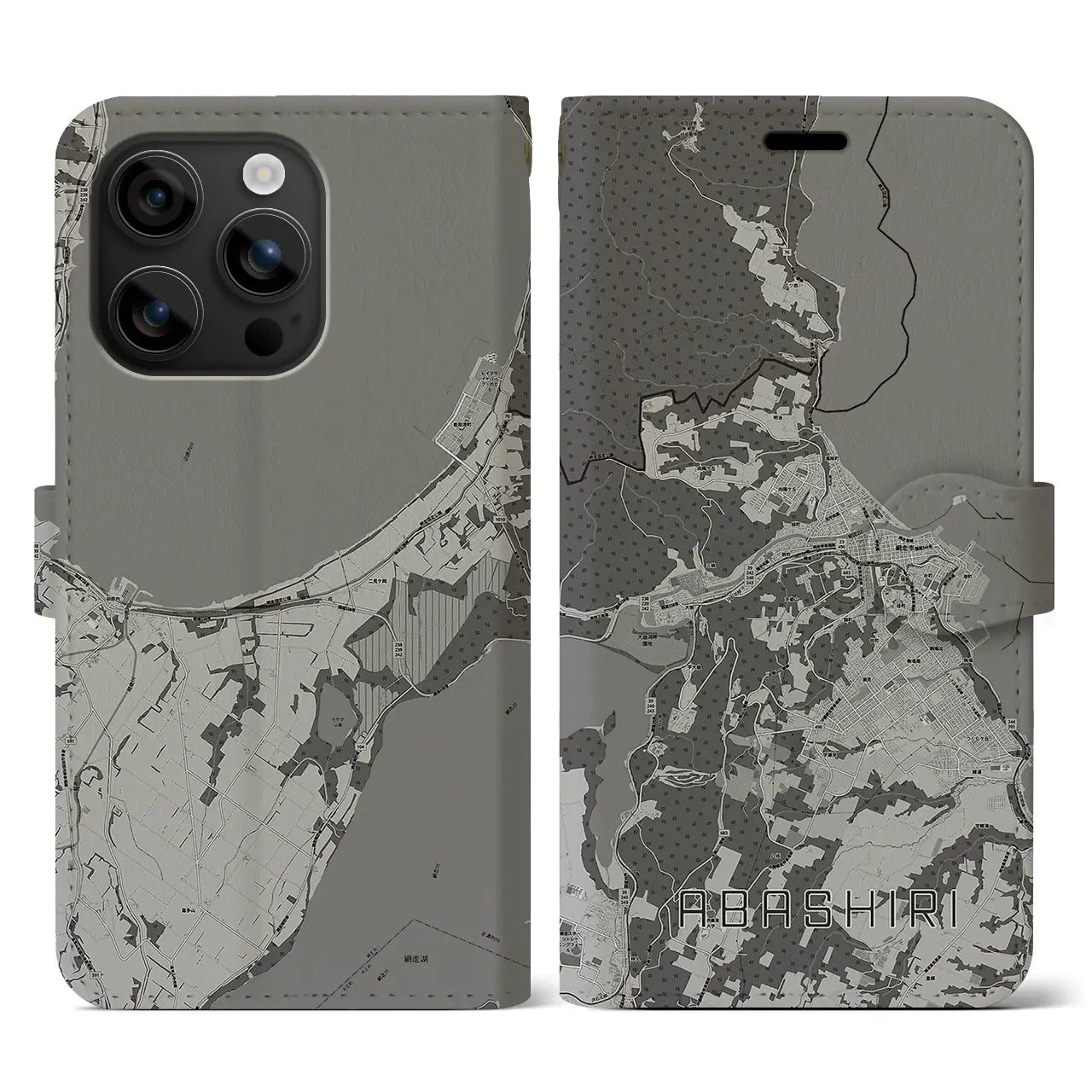 【網走(北海道)】地図柄iPhoneケース(手帳タイプ)モノトーン・iPhone 16 用