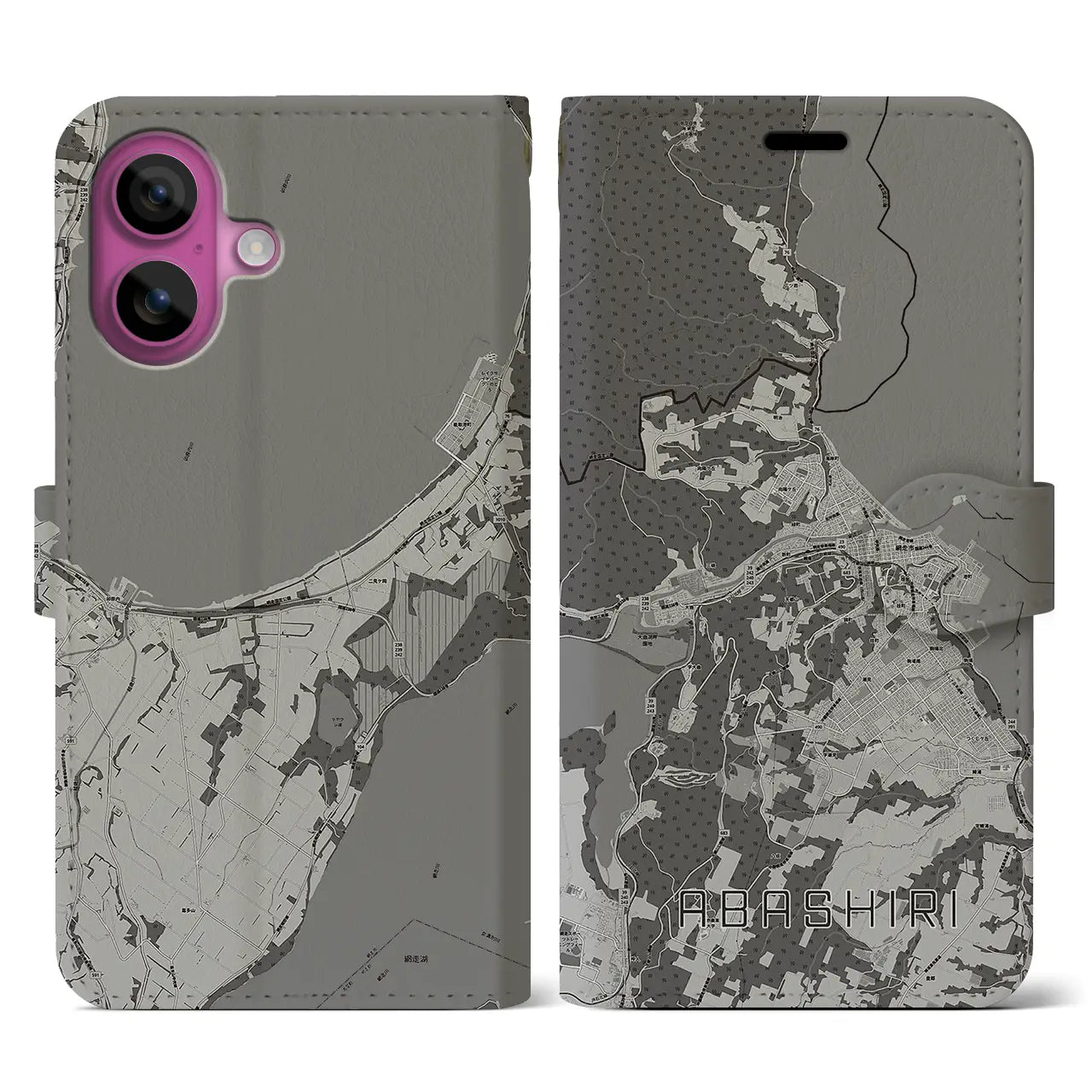【網走(北海道)】地図柄iPhoneケース(手帳タイプ)モノトーン・iPhone 16 Pro 用