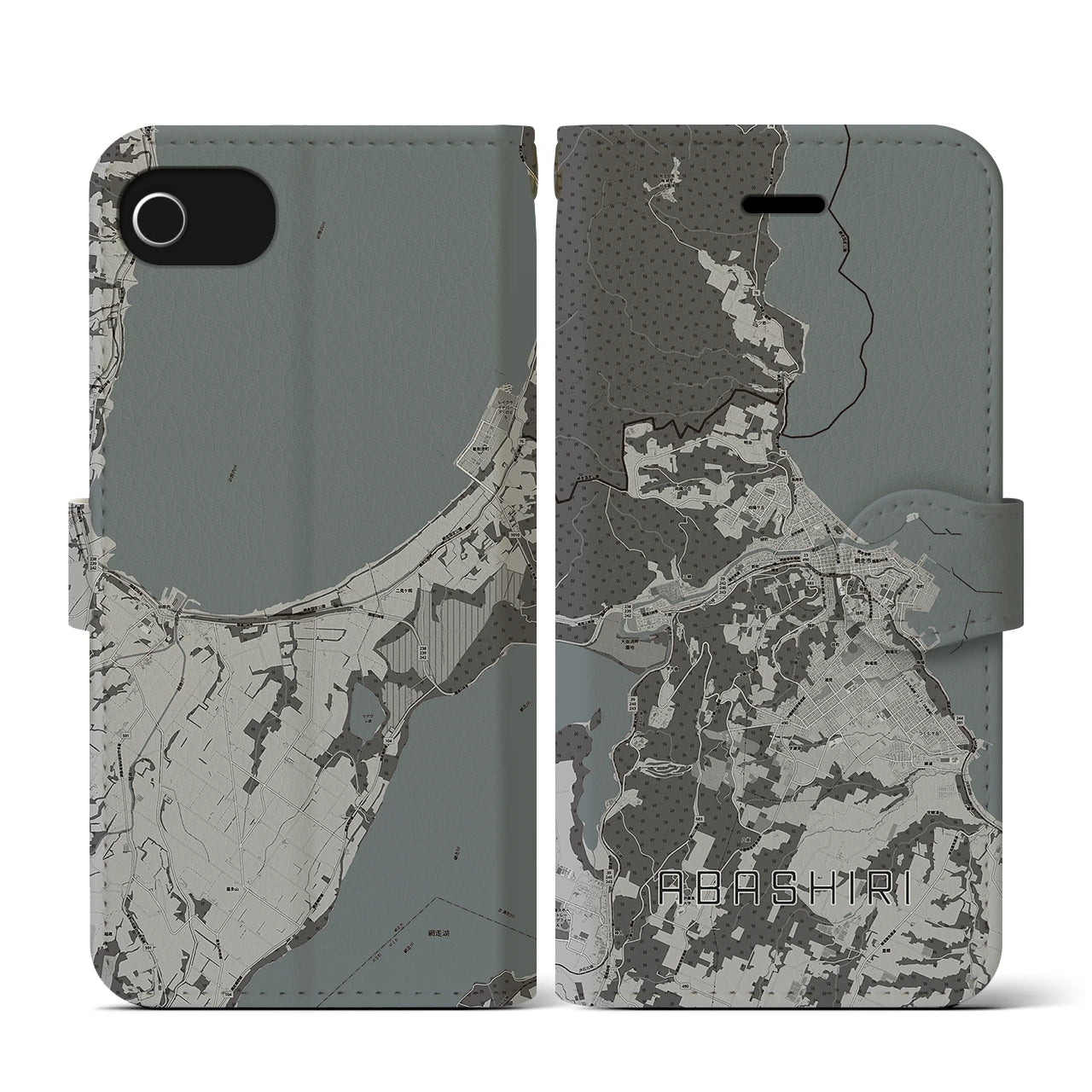 【網走(北海道)】地図柄iPhoneケース(手帳タイプ)モノトーン・iPhone SE(第3 / 第2世代) / 8 / 7 / 6s / 6 用