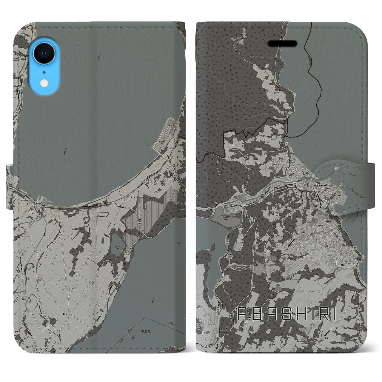 【網走(北海道)】地図柄iPhoneケース(手帳タイプ)モノトーン・iPhone XR 用