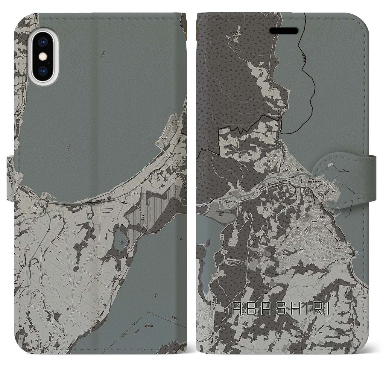 【網走(北海道)】地図柄iPhoneケース(手帳タイプ)モノトーン・iPhone XS Max 用