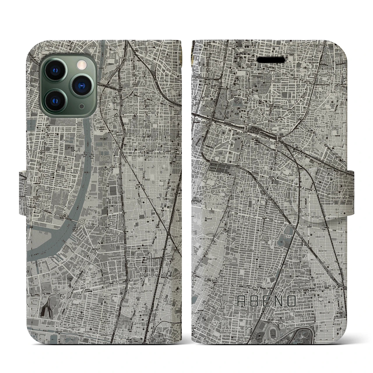 【阿倍野(大阪府)】地図柄iPhoneケース(手帳タイプ)モノトーン・iPhone 11 Pro 用