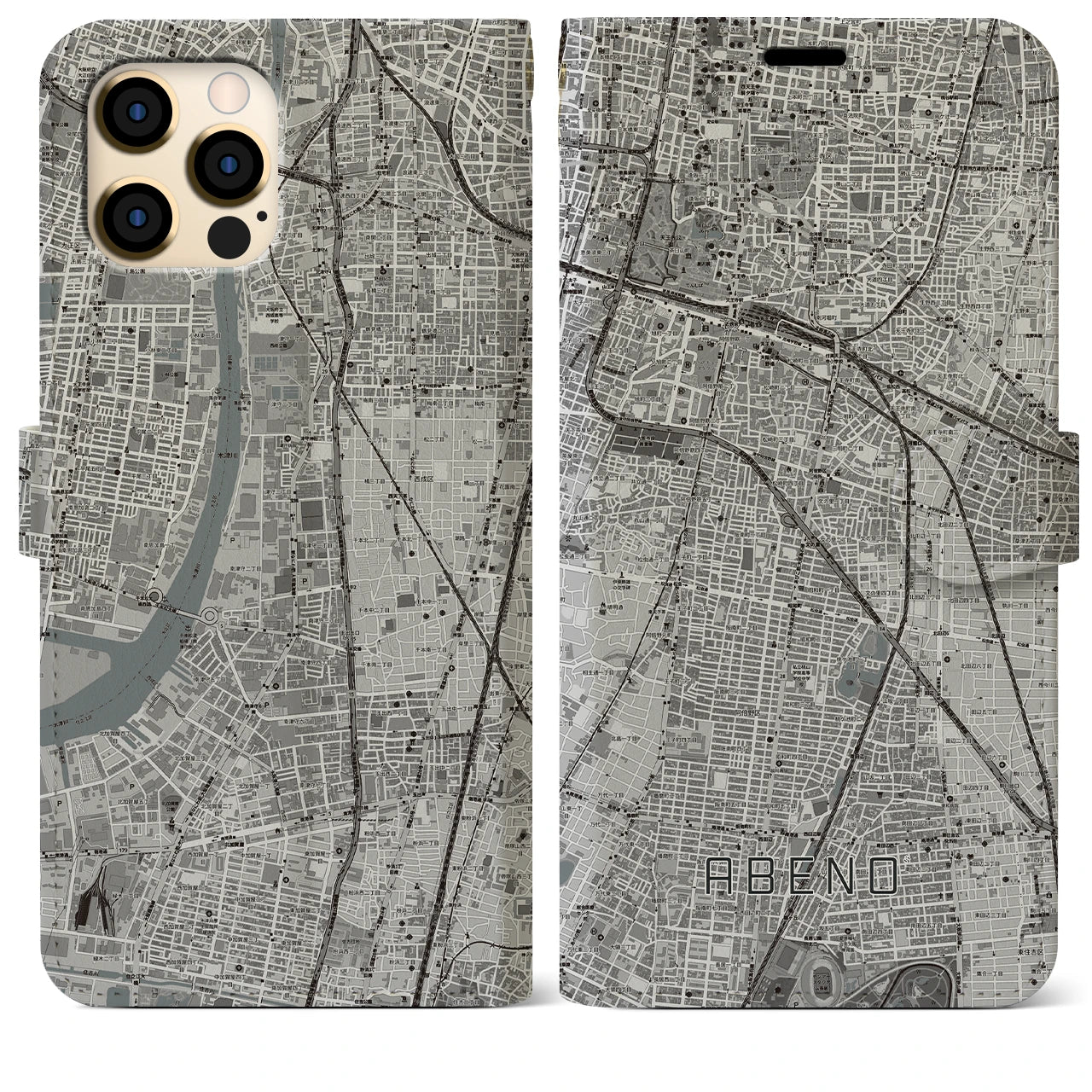 【阿倍野(大阪府)】地図柄iPhoneケース(手帳タイプ)モノトーン・iPhone 12 Pro Max 用