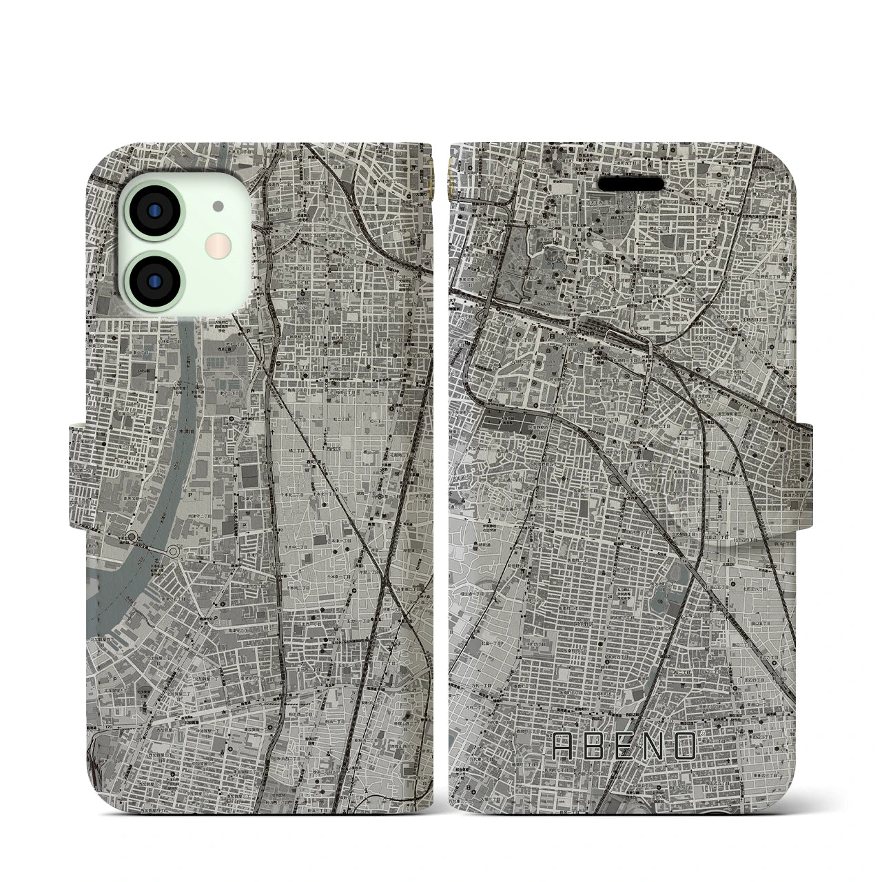 【阿倍野(大阪府)】地図柄iPhoneケース(手帳タイプ)モノトーン・iPhone 12 mini 用