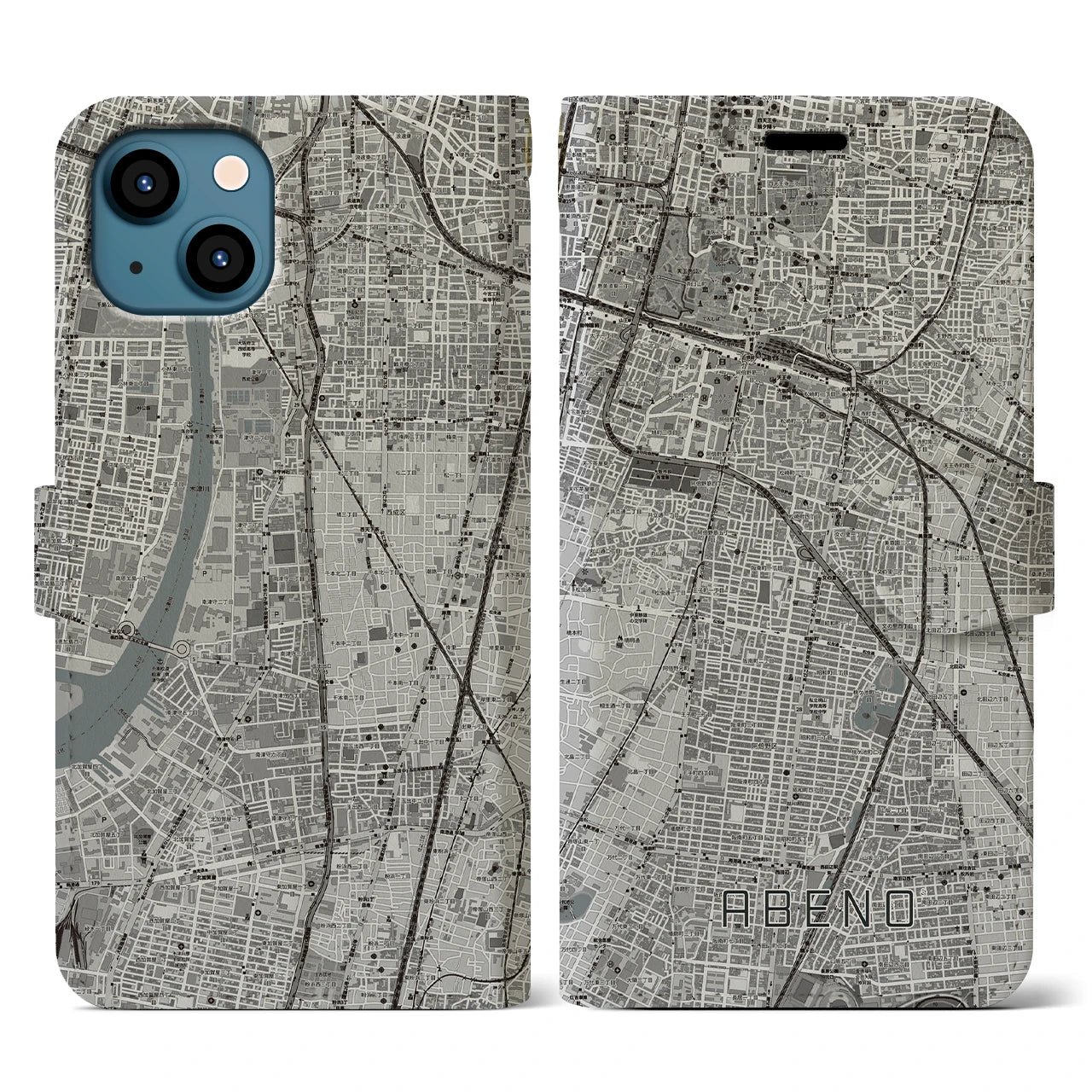 【阿倍野(大阪府)】地図柄iPhoneケース(手帳タイプ)モノトーン・iPhone 13 用