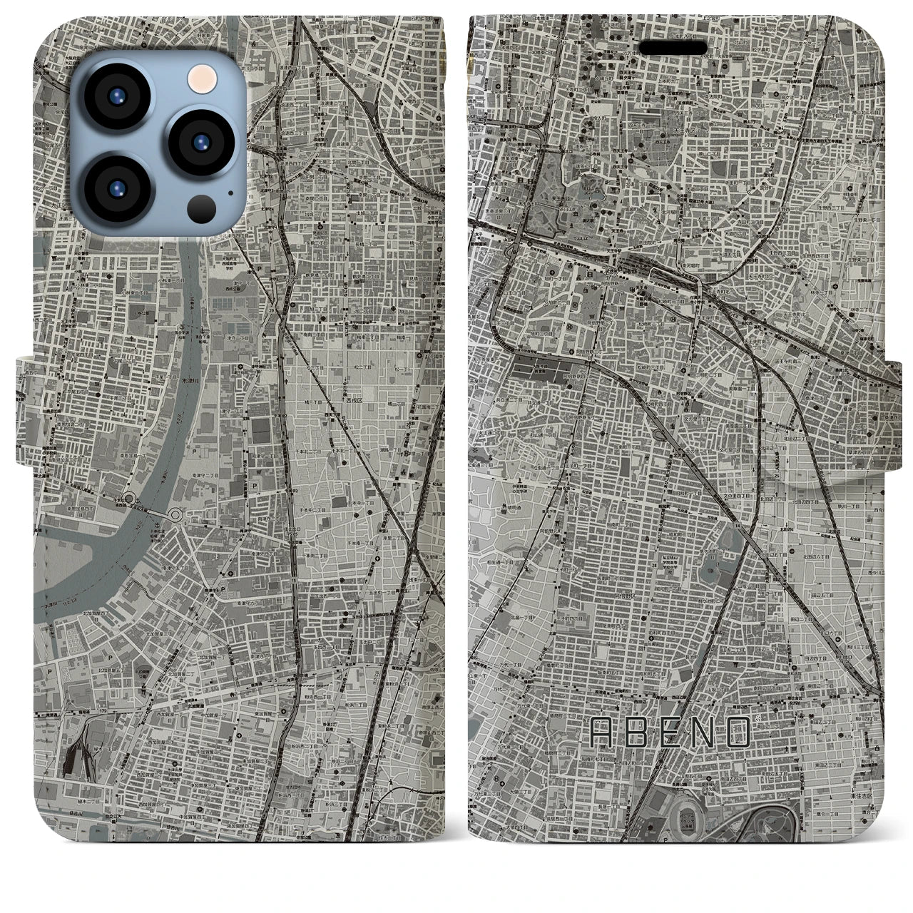 【阿倍野(大阪府)】地図柄iPhoneケース(手帳タイプ)モノトーン・iPhone 13 Pro Max 用