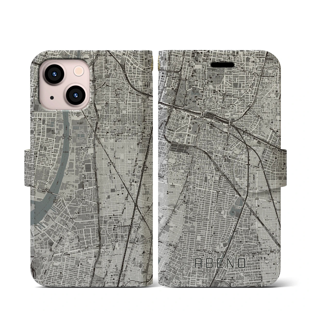 【阿倍野(大阪府)】地図柄iPhoneケース(手帳タイプ)モノトーン・iPhone 13 mini 用