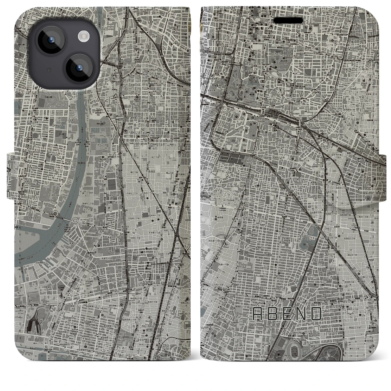 【阿倍野(大阪府)】地図柄iPhoneケース(手帳タイプ)モノトーン・iPhone 14 Plus 用