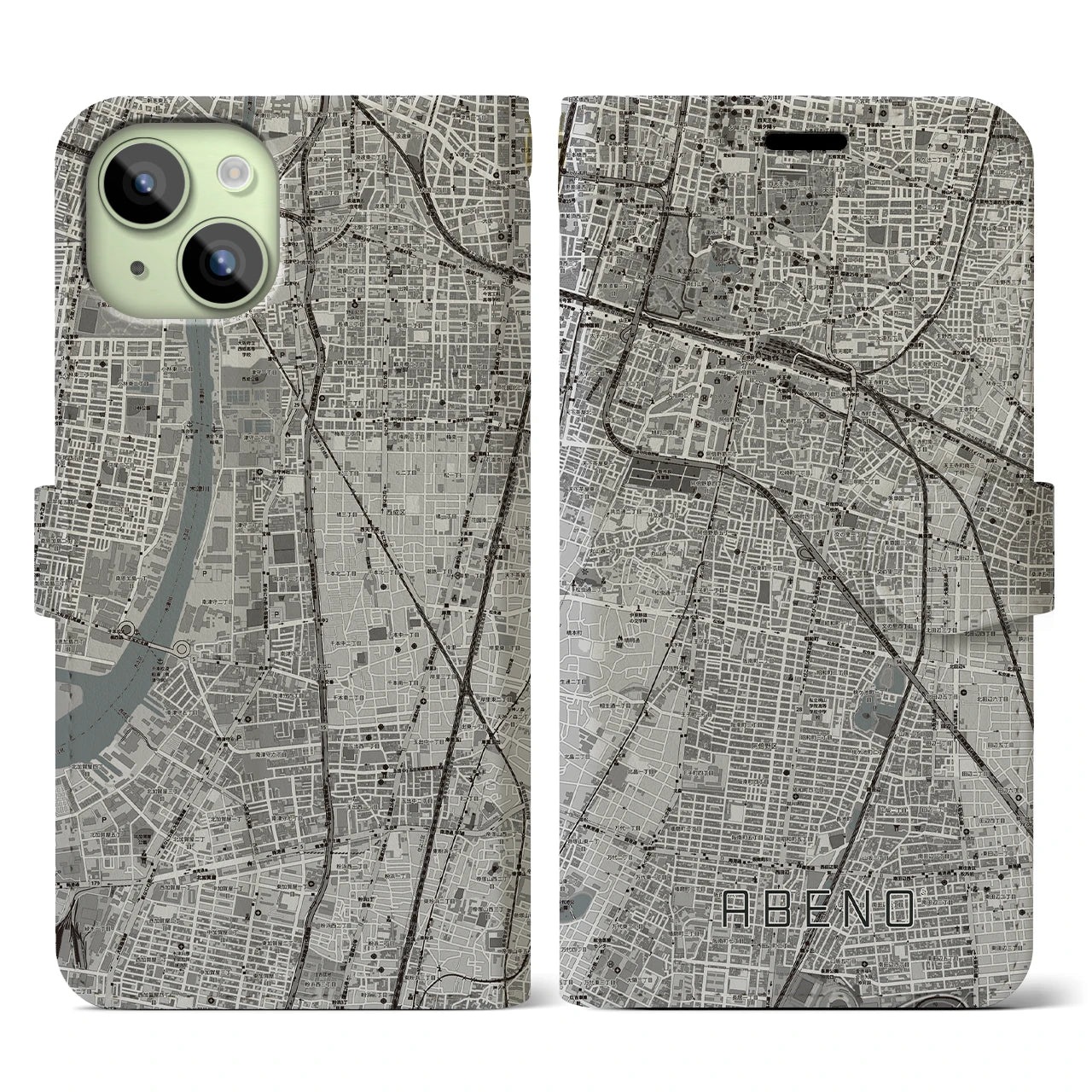 【阿倍野(大阪府)】地図柄iPhoneケース(手帳タイプ)モノトーン・iPhone 15 用