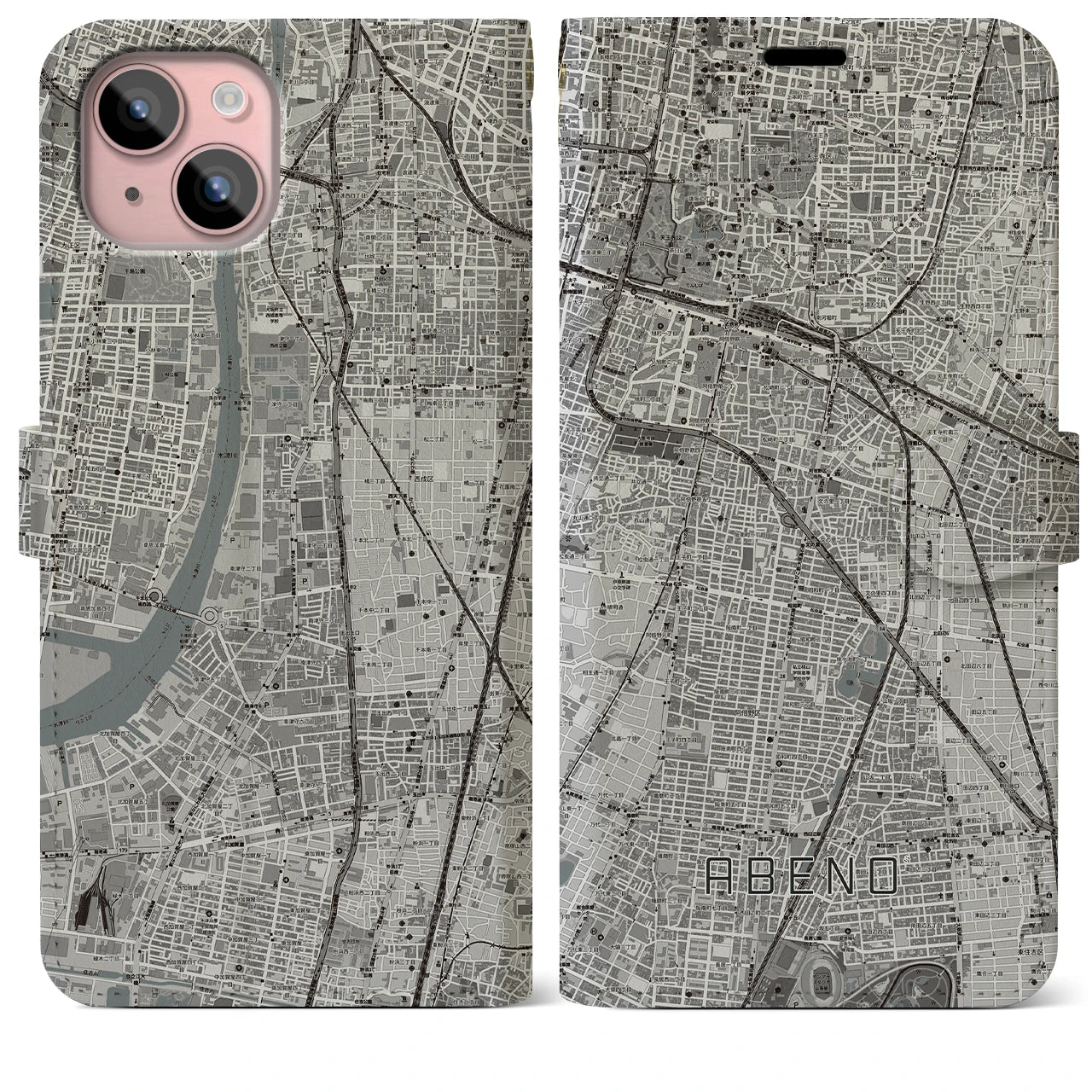 【阿倍野(大阪府)】地図柄iPhoneケース(手帳タイプ)モノトーン・iPhone 15 Plus 用