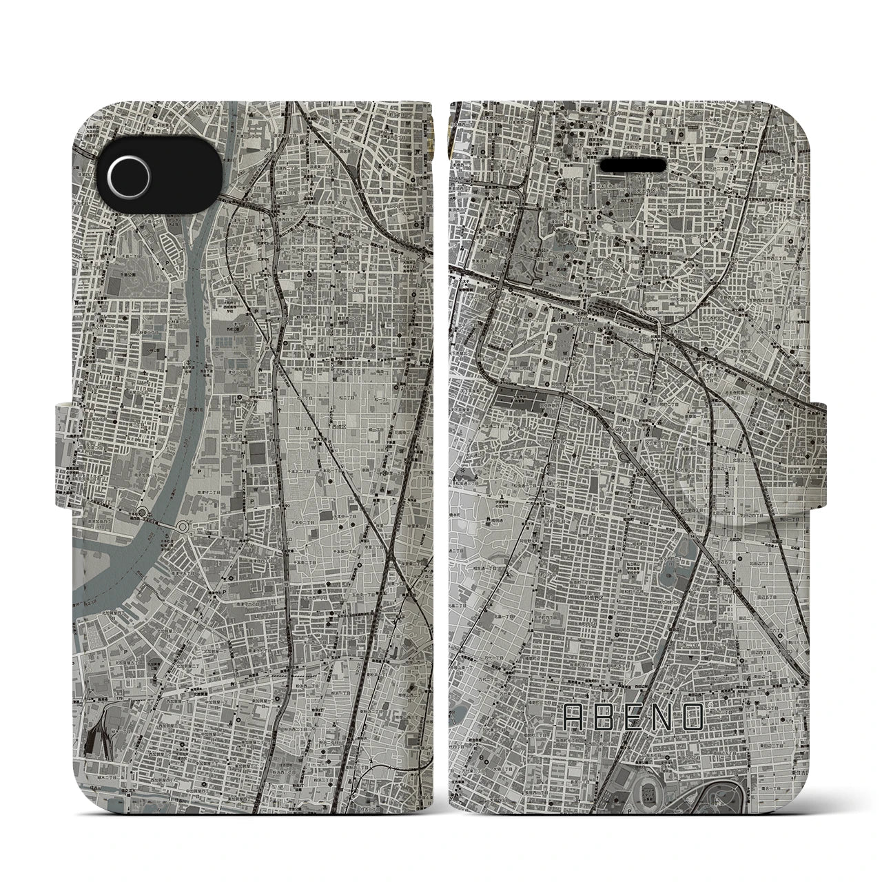 【阿倍野(大阪府)】地図柄iPhoneケース(手帳タイプ)モノトーン・iPhone SE(第3 / 第2世代) / 8 / 7 / 6s / 6 用