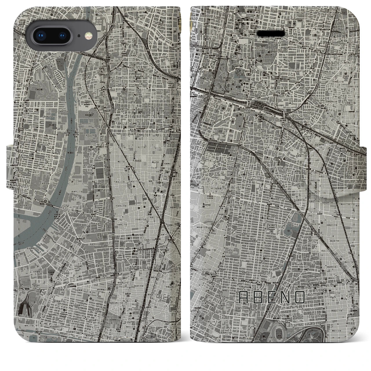 【阿倍野(大阪府)】地図柄iPhoneケース(手帳タイプ)モノトーン・iPhone 8Plus /7Plus / 6sPlus / 6Plus 用