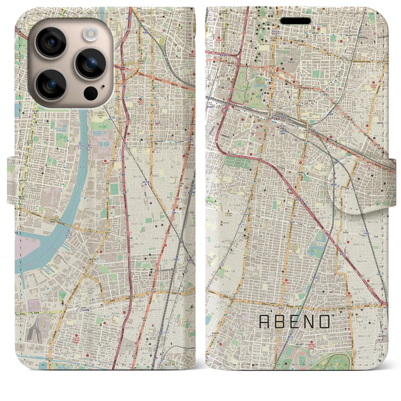 【阿倍野(大阪府)】地図柄iPhoneケース(手帳タイプ)ナチュラル・iPhone 16 Plus 用