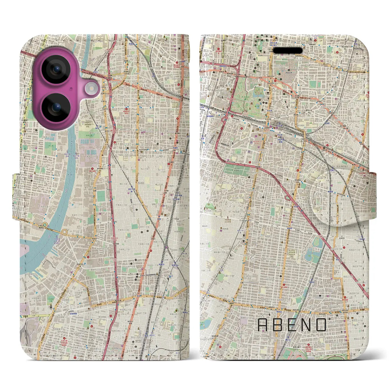 【阿倍野(大阪府)】地図柄iPhoneケース(手帳タイプ)ナチュラル・iPhone 16 Pro 用