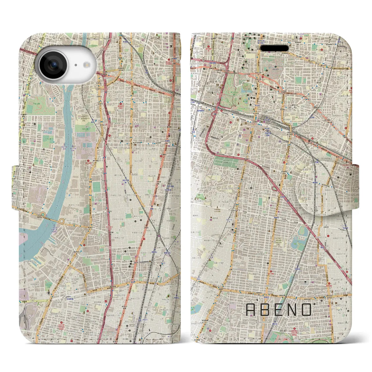 【阿倍野(大阪府)】地図柄iPhoneケース(手帳タイプ)