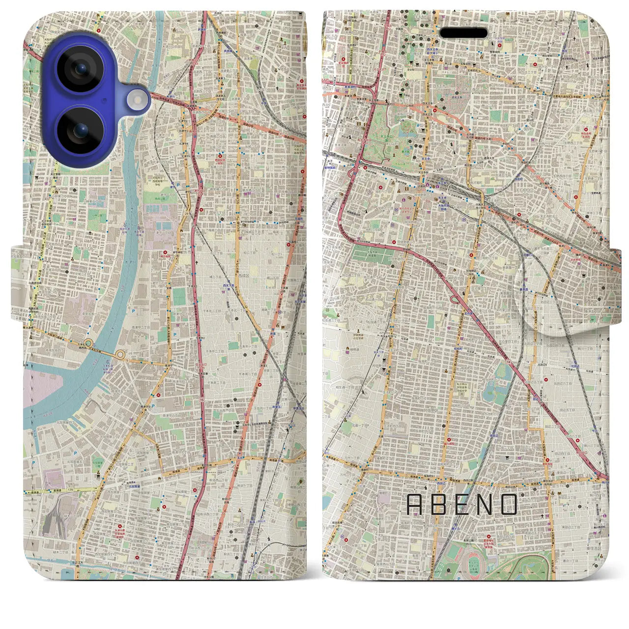 【阿倍野(大阪府)】地図柄iPhoneケース(手帳タイプ)ナチュラル・iPhone 16 Pro Max 用