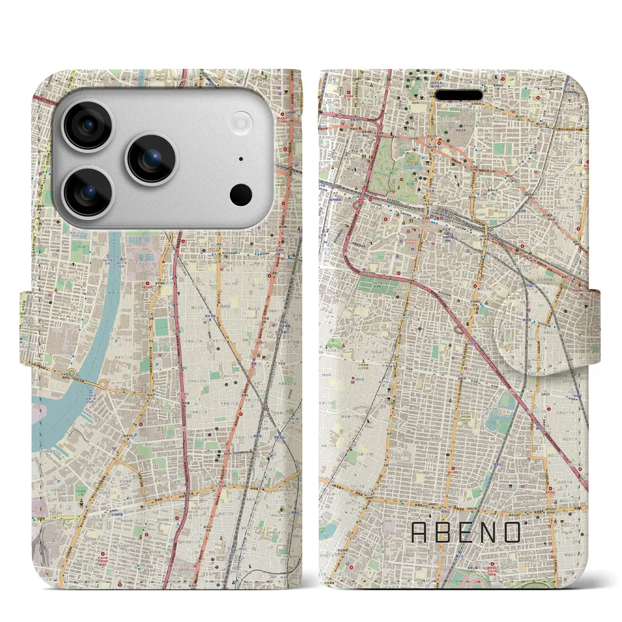 【阿倍野(大阪府)】地図柄iPhoneケース(手帳タイプ)