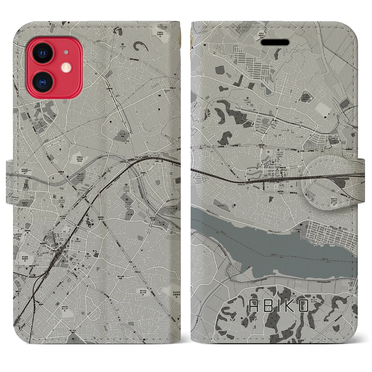 【我孫子(千葉県)】地図柄iPhoneケース(手帳タイプ)モノトーン・iPhone 11 用