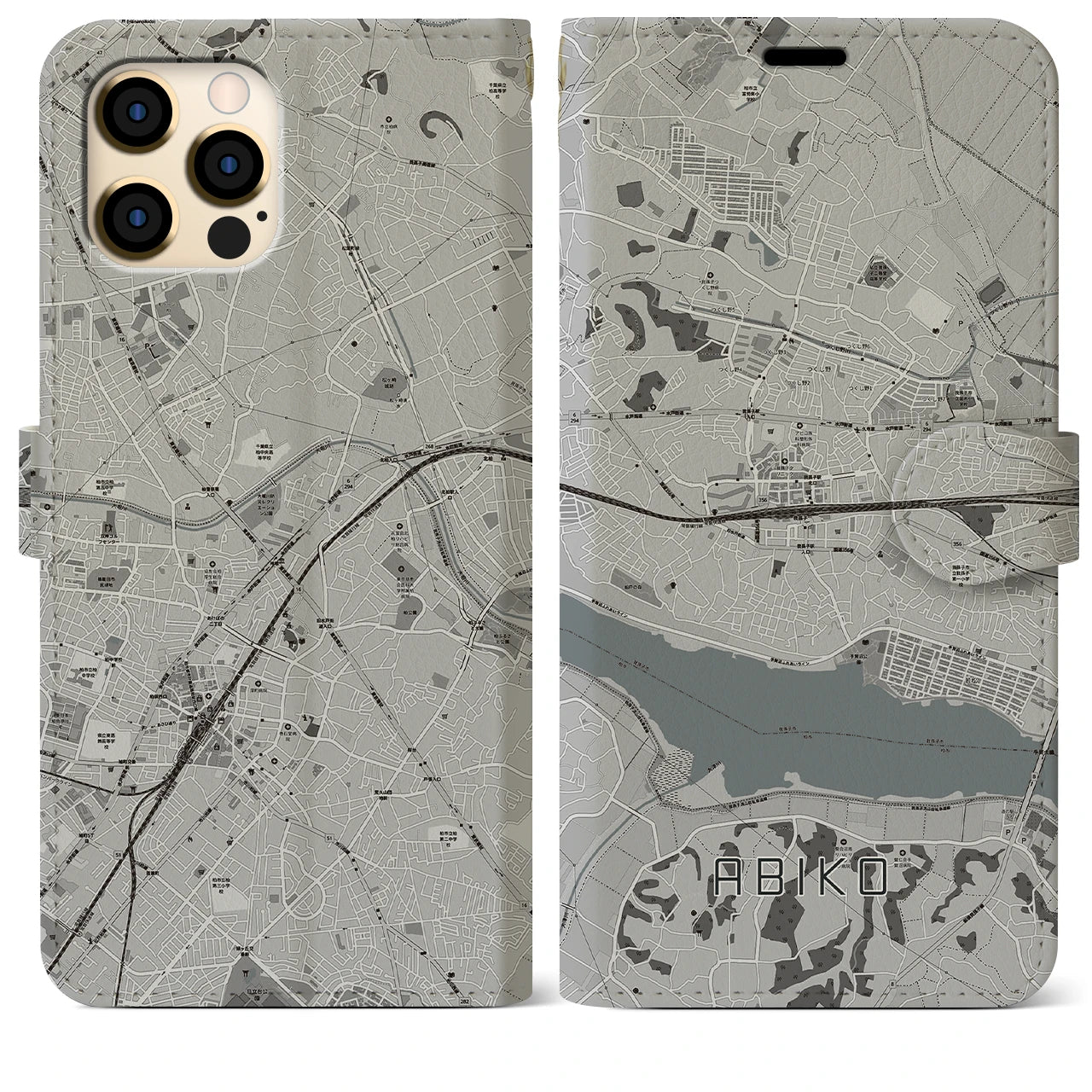 【我孫子(千葉県)】地図柄iPhoneケース(手帳タイプ)モノトーン・iPhone 12 Pro Max 用