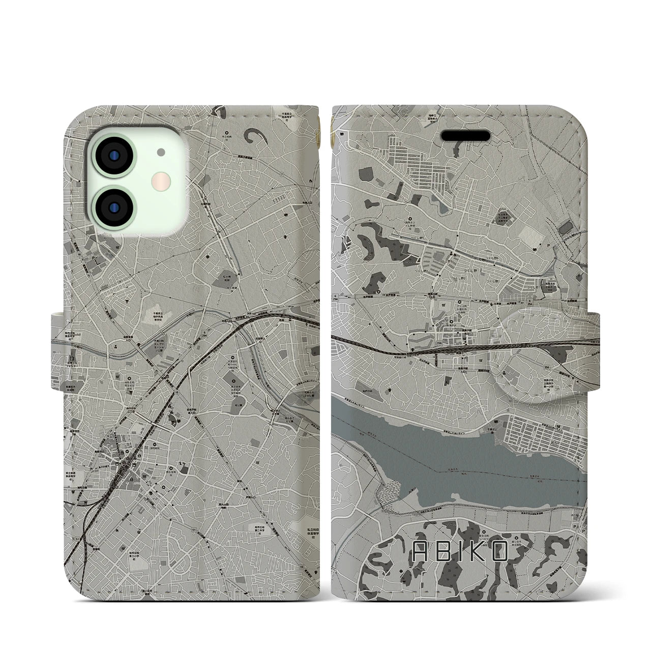 【我孫子(千葉県)】地図柄iPhoneケース(手帳タイプ)モノトーン・iPhone 12 mini 用