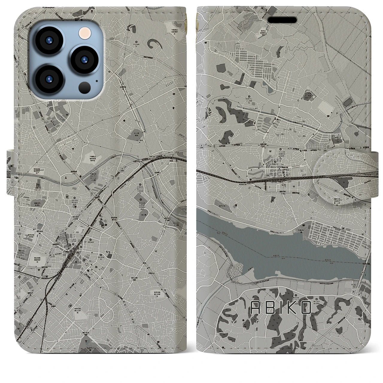【我孫子(千葉県)】地図柄iPhoneケース(手帳タイプ)モノトーン・iPhone 13 Pro Max 用