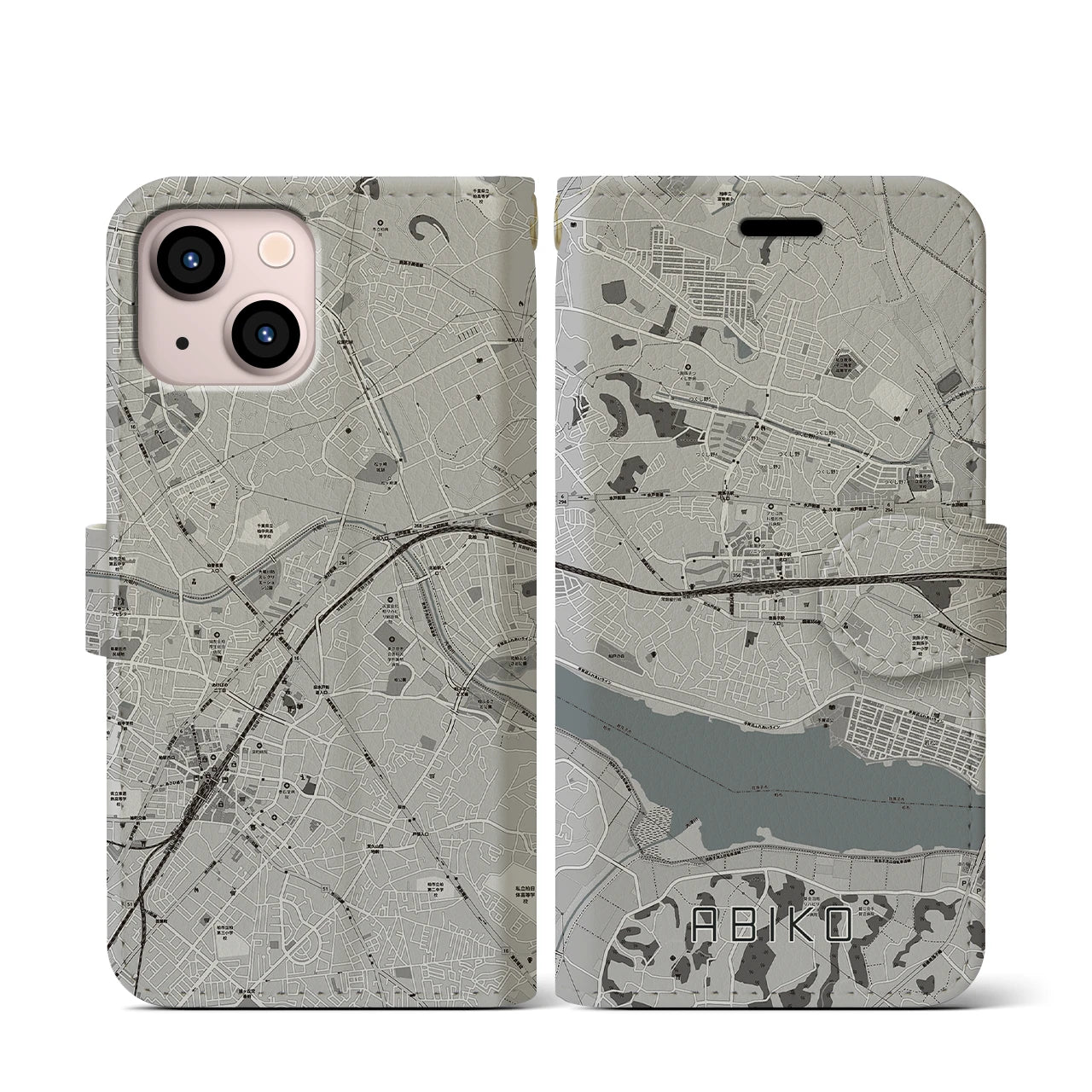 【我孫子(千葉県)】地図柄iPhoneケース(手帳タイプ)モノトーン・iPhone 13 mini 用