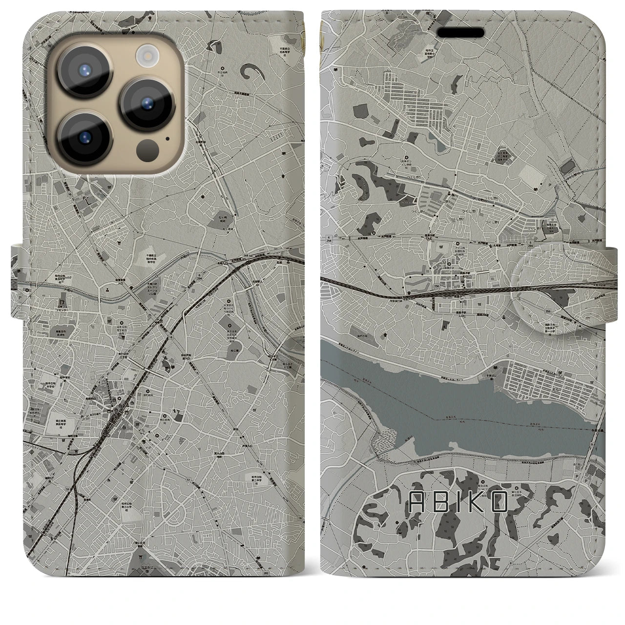 【我孫子(千葉県)】地図柄iPhoneケース(手帳タイプ)モノトーン・iPhone 14 Pro Max 用