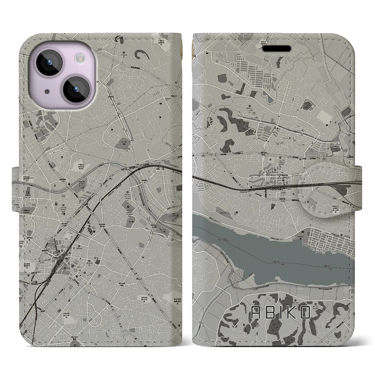 【我孫子(千葉県)】地図柄iPhoneケース(手帳タイプ)モノトーン・iPhone 14 用