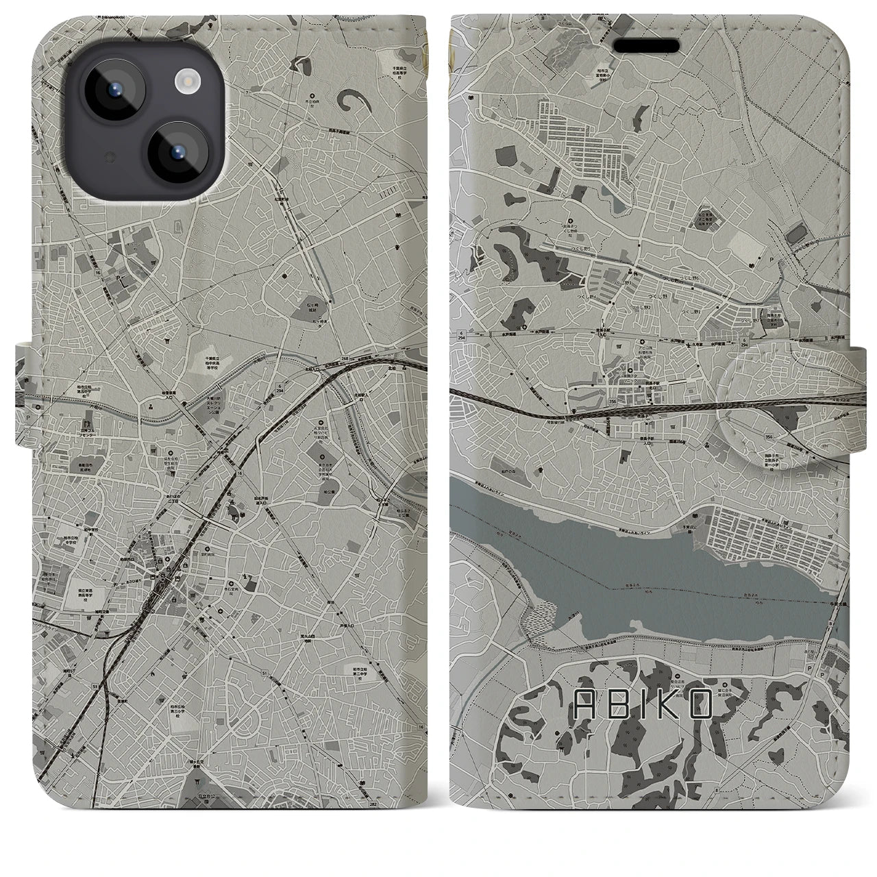 【我孫子(千葉県)】地図柄iPhoneケース(手帳タイプ)モノトーン・iPhone 14 Plus 用