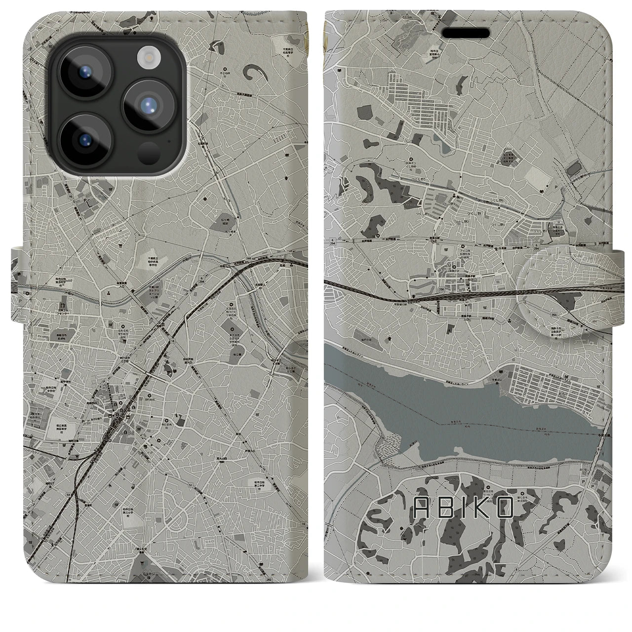 【我孫子(千葉県)】地図柄iPhoneケース(手帳タイプ)モノトーン・iPhone 15 Pro Max 用
